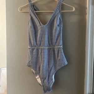 Small Cupshe One Piece Bathing Suit - Blue and white stripes, tied in back